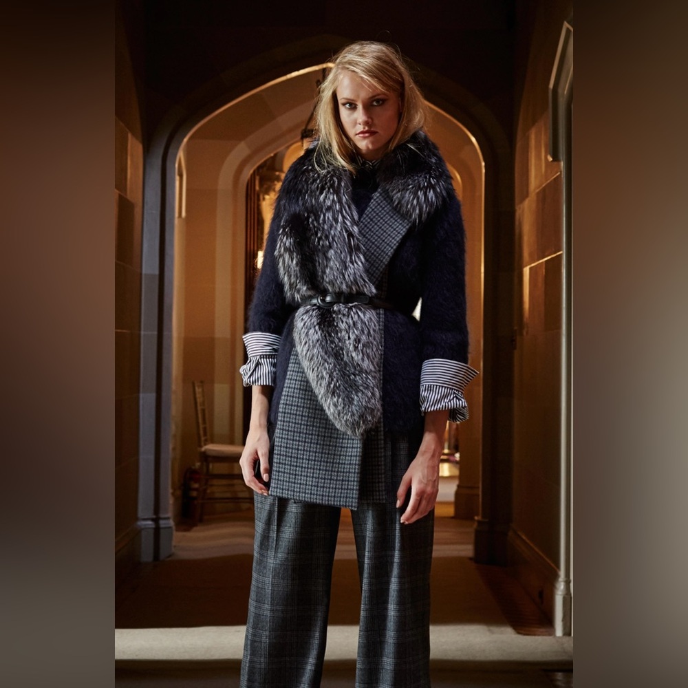 Michael Kors Collection Runway New Slate Glen Plaid Detachable Fox Fur Muffler